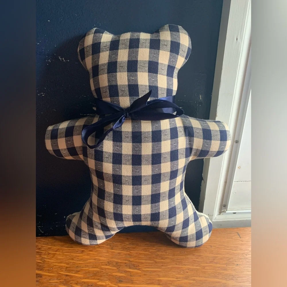 Blue Gingham Bear Pillow Country Primitive 12” Muslin Cottage
